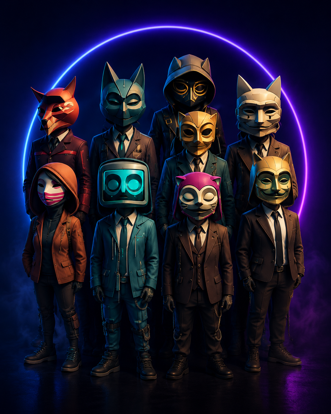 A diverse group of anonymous SayDat community members wearing artistic masks