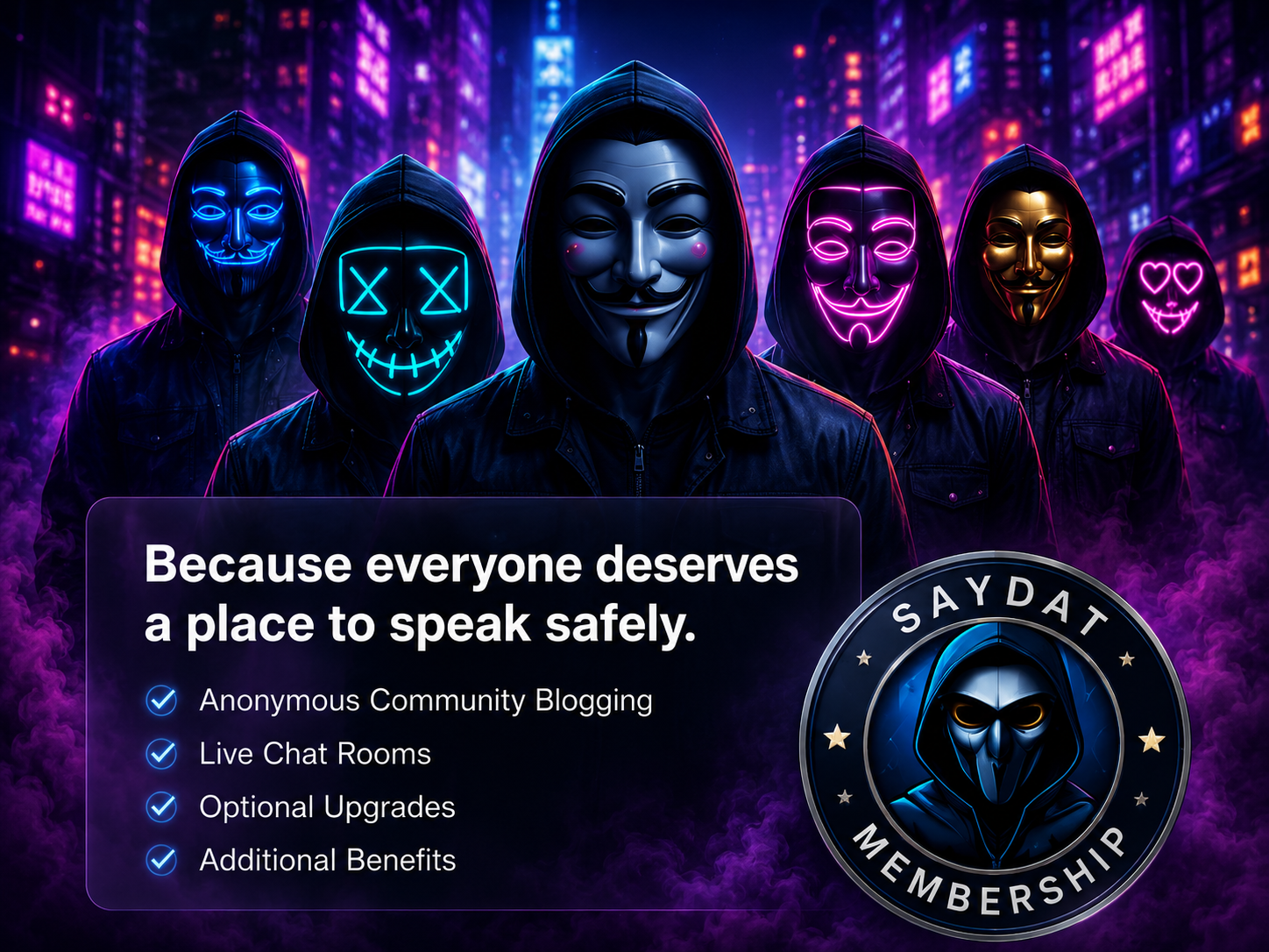 A neon-lit anonymous community wearing illuminated masks